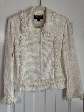 St John Couture Tweed Jacket Ivory Women’s 12 Fringe Button Front